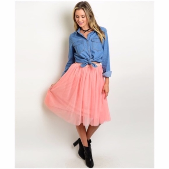 Pink Tulle Lined Elastic Waist Party Midi Skirt L - Picture 3 of 6